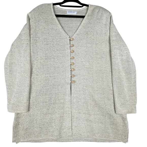 Horveit Sweaters - Horveit Beige Cotton Linen Knit 3/4 Button Up Coastal Grandma Tunic Sweater  3XL